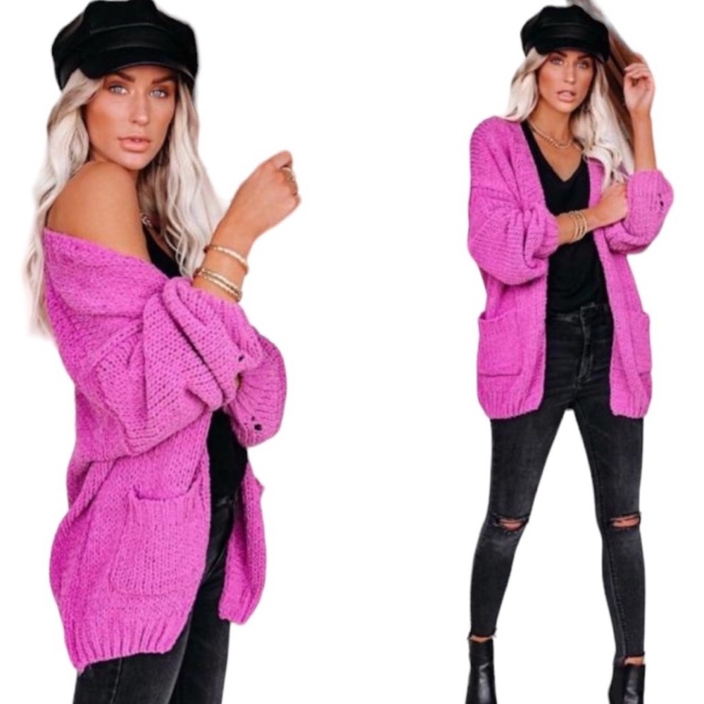 Magenta Oversized Chenille Cardigan by Miracle